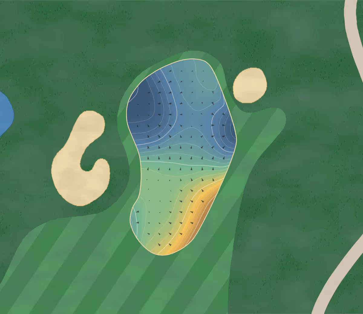 Green contour map of Mountain Course in Victoria, Canada: 201 elevation contours at a 8-centimeter interval with fall-line arrows, traced from 1-meter lidar