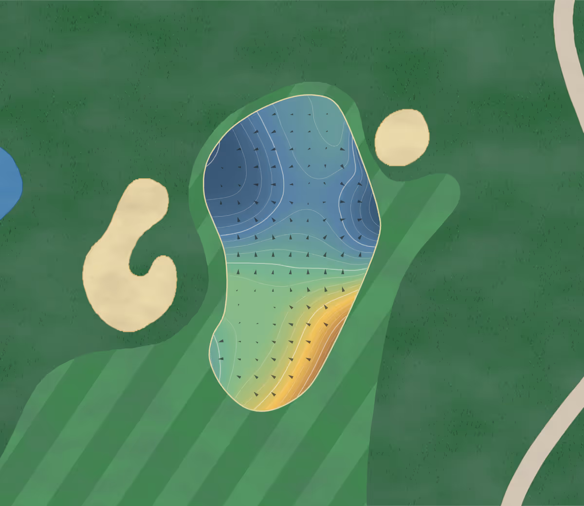 Green contour map of Mountain Course in Victoria, Canada — 203 elevation contours at a 8-centimeter interval with fall-line arrows, traced from 1-meter lidar