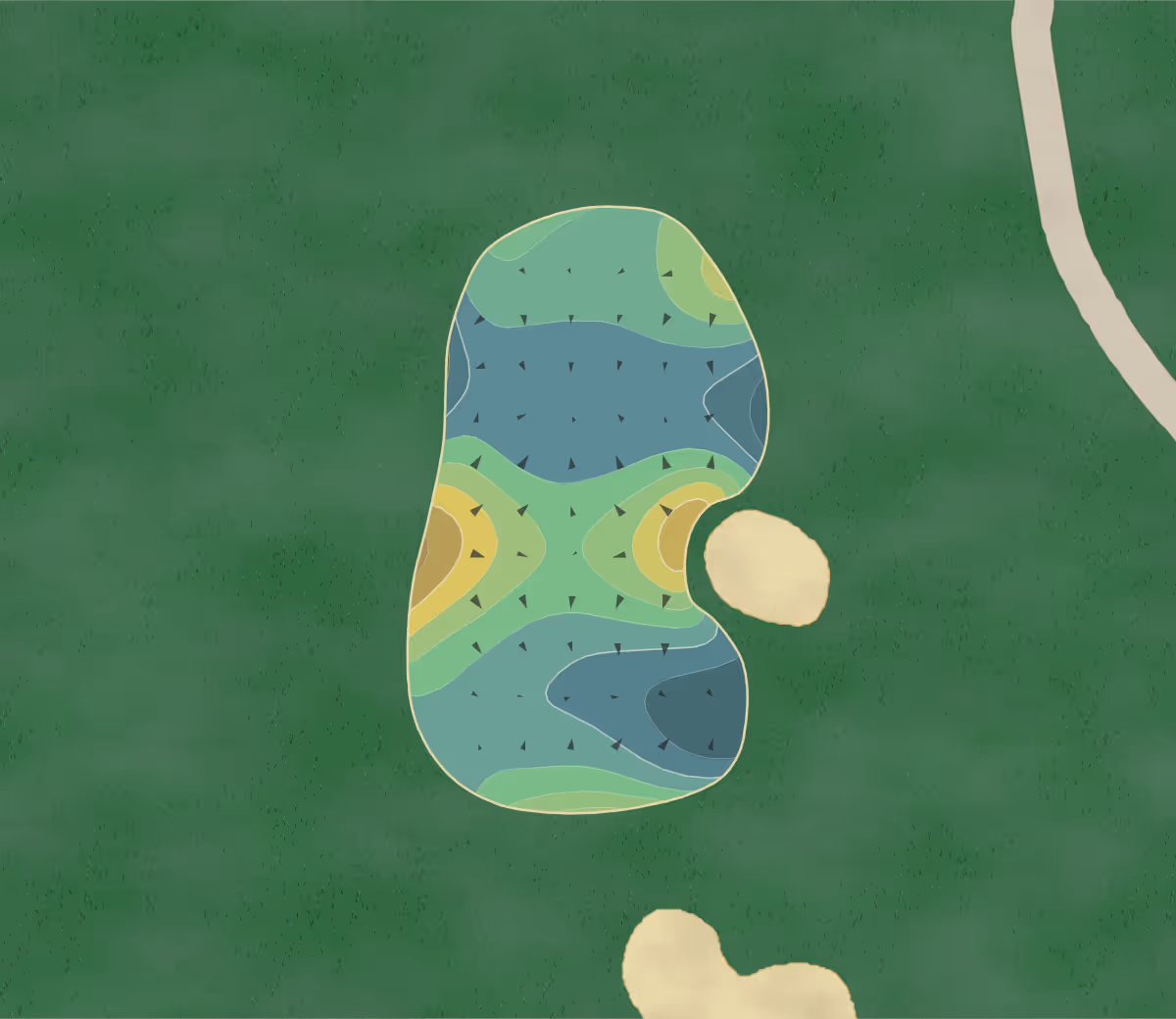 Green contour map of Bear Trace in Crossville, Tennessee — 185 elevation contours at a 3-inch interval with fall-line arrows, traced from 1-meter lidar