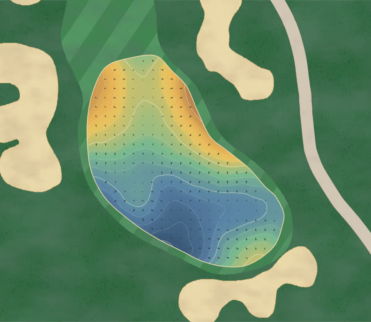 Green contour map of Bearspaw in Calgary, Canada — 227 elevation contours at a 8-centimeter interval with fall-line arrows, traced from 1-meter lidar
