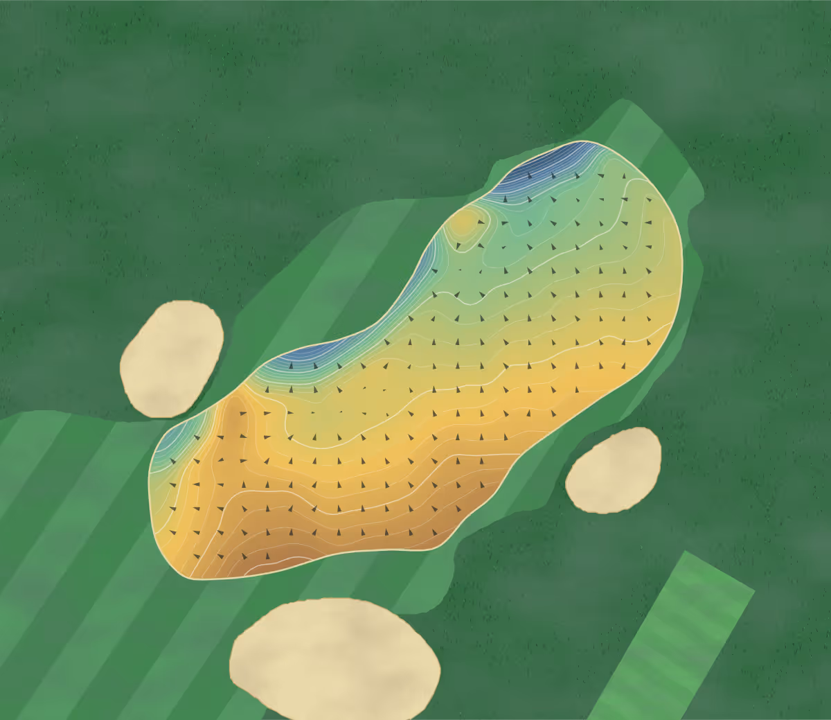 Green contour map of Beau Desert in Cannock, England: 401 elevation contours at a 8-centimeter interval with fall-line arrows, traced from 1-meter lidar