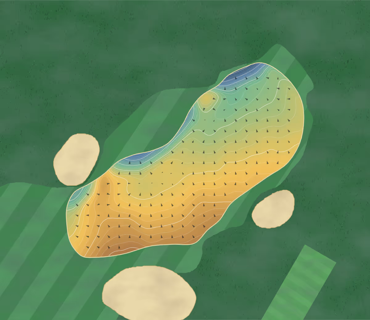 Green contour map of Beau Desert in Cannock, England — 401 elevation contours at a 8-centimeter interval with fall-line arrows, traced from 1-meter lidar