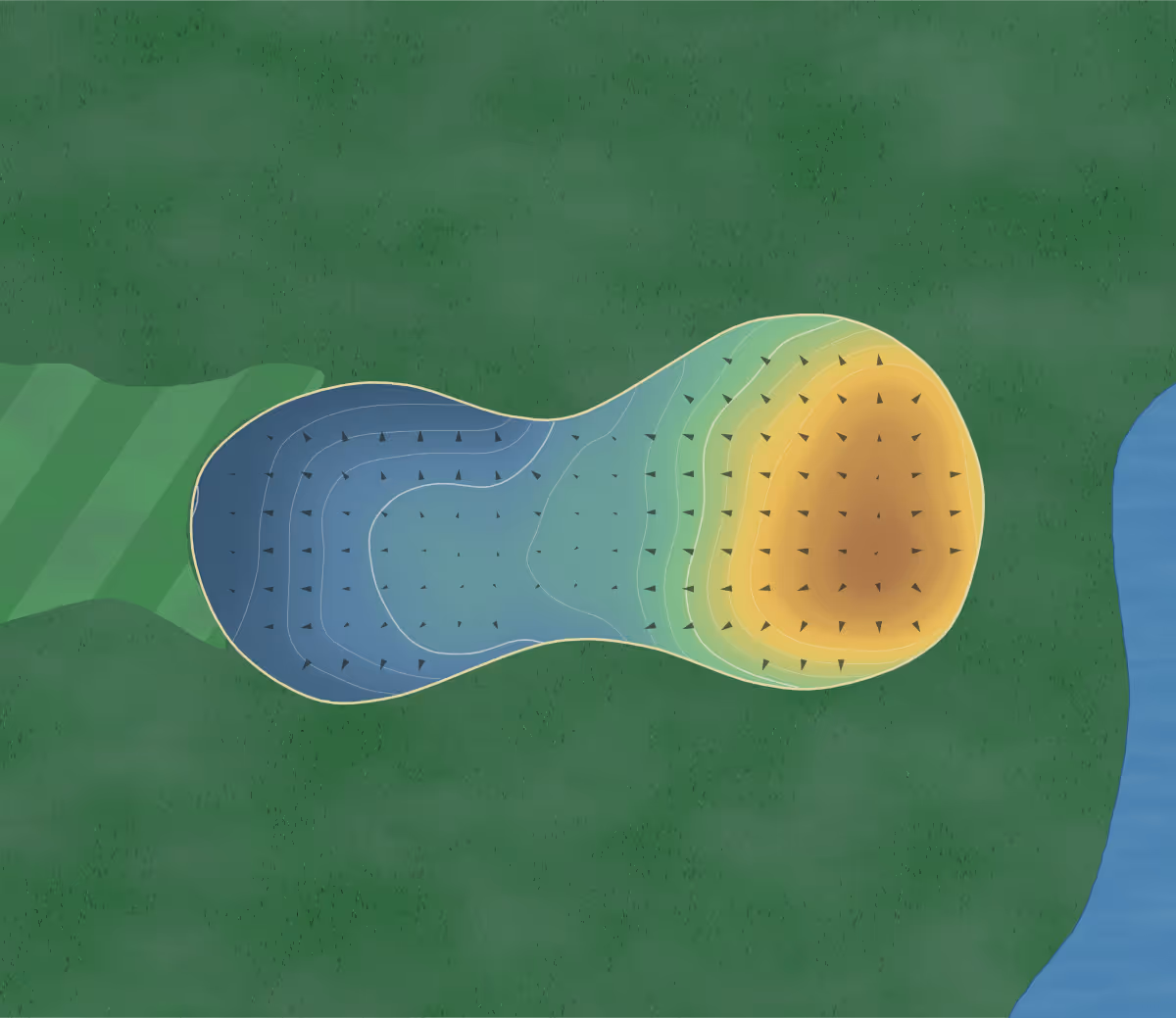 Green contour map of Beaver Meadows in Waterloo, Iowa: 70 elevation contours at a 3-inch interval with fall-line arrows, traced from 1-meter lidar