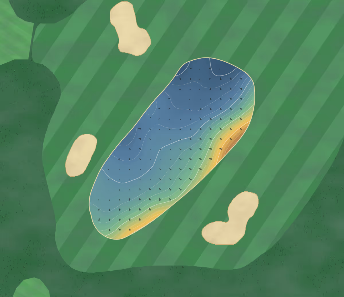 Green contour map of Beaverbrook in Surrey, United Kingdom: 242 elevation contours at a 8-centimeter interval with fall-line arrows, traced from 1-meter lidar