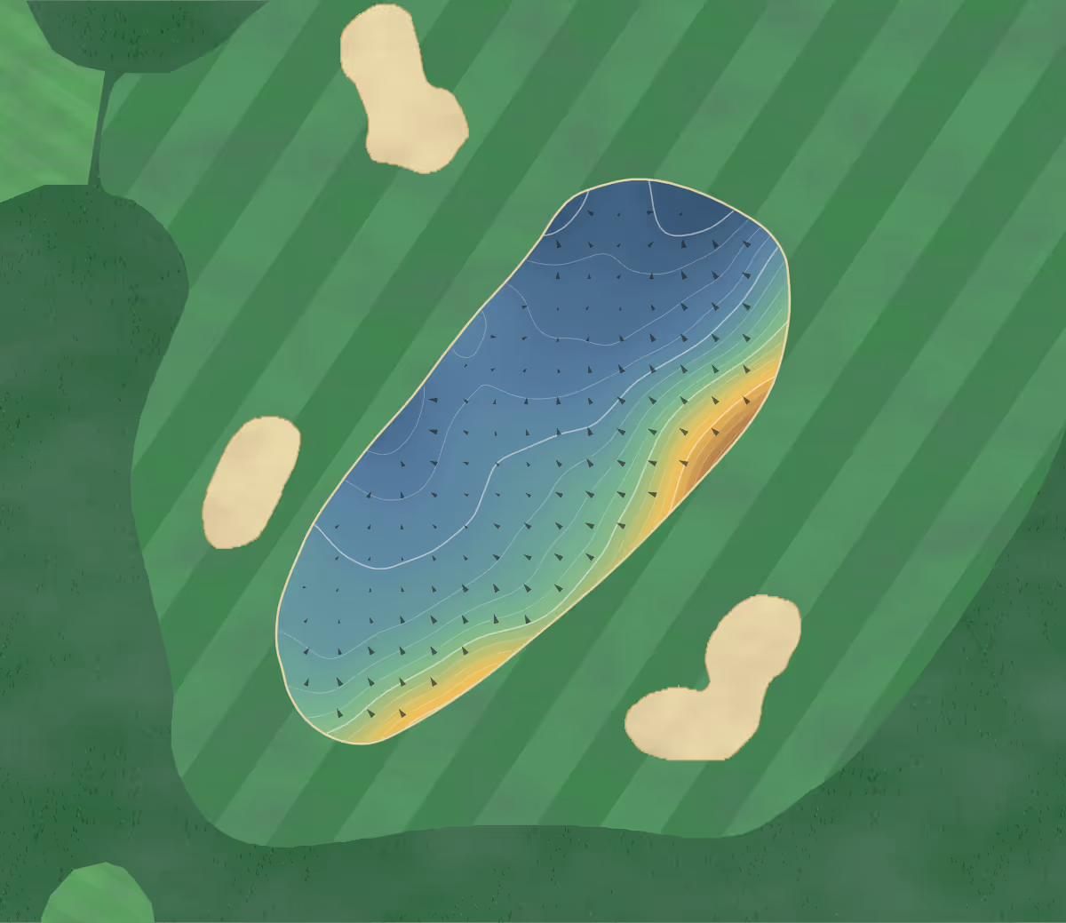 Green contour map of Beaverbrook in Surrey, United Kingdom — 242 elevation contours at a 8-centimeter interval with fall-line arrows, traced from 1-meter lidar
