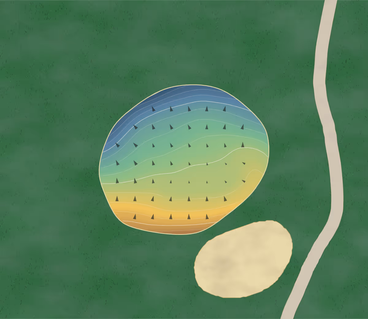 Green contour map of Beaverdale in Cambridge, Canada — 144 elevation contours at a 8-centimeter interval with fall-line arrows, traced from 1-meter lidar