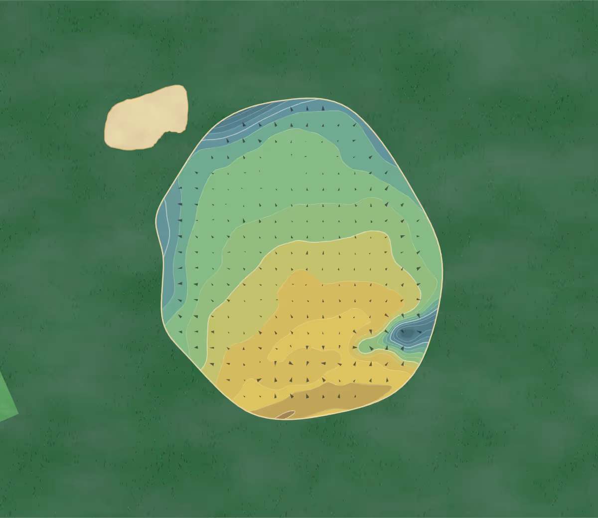 Green contour map of Bedale GC in Bedale, England — 206 elevation contours at a 8-centimeter interval with fall-line arrows, traced from 1-meter lidar