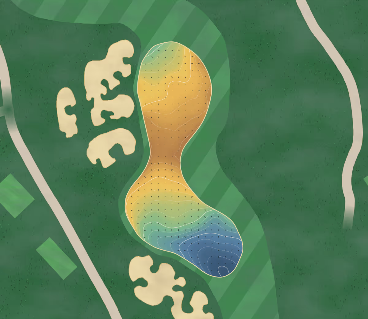 Green contour map of Beddington in Calgary, Canada: 220 elevation contours at a 8-centimeter interval with fall-line arrows, traced from 1-meter lidar