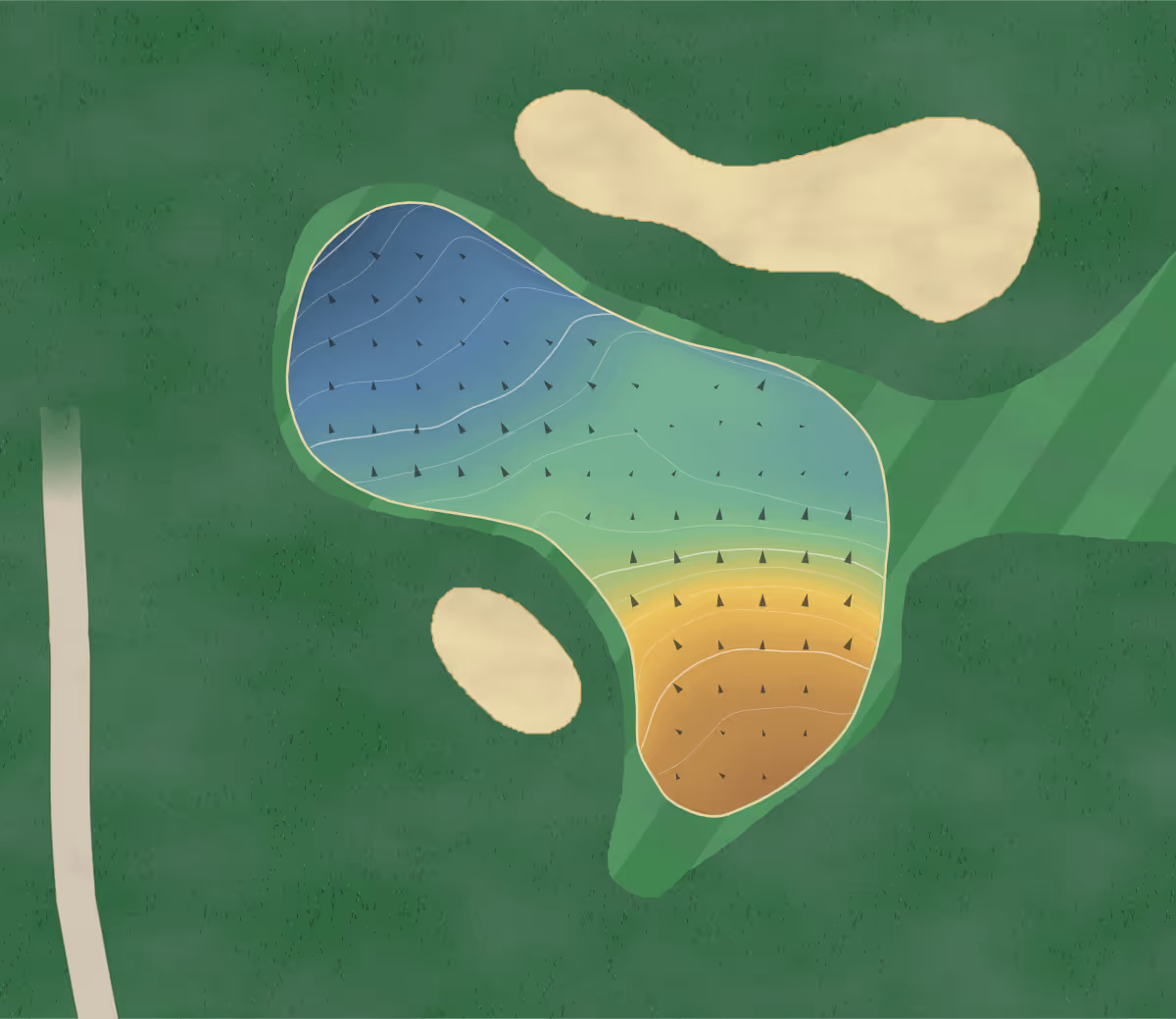 Green contour map of Bedens Brook Club in Skillman, New Jersey — 156 elevation contours at a 3-inch interval with fall-line arrows, traced from 1-meter lidar