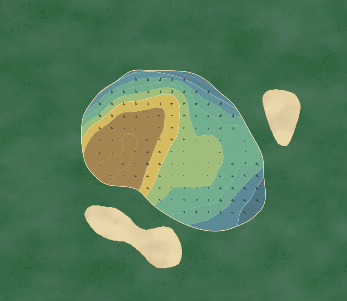 Green contour map of Beedles Lake in Leicestershire, England — 39 elevation contours at a 8-centimeter interval with fall-line arrows, traced from 1-meter lidar