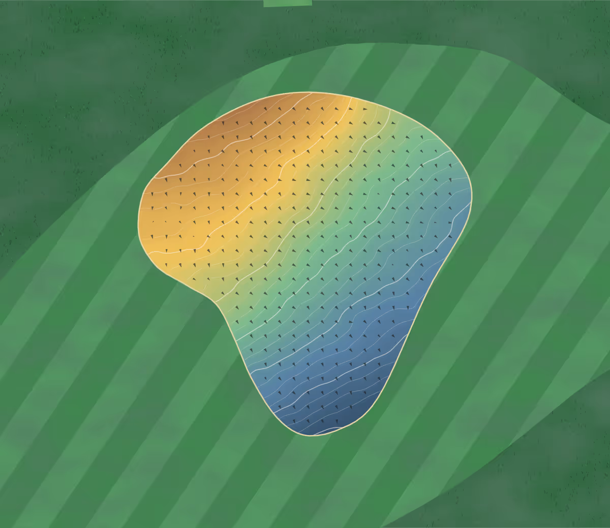 Green contour map of Beith in Beith, Scotland — 107 elevation contours at a 8-centimeter interval with fall-line arrows, traced from 1-meter lidar