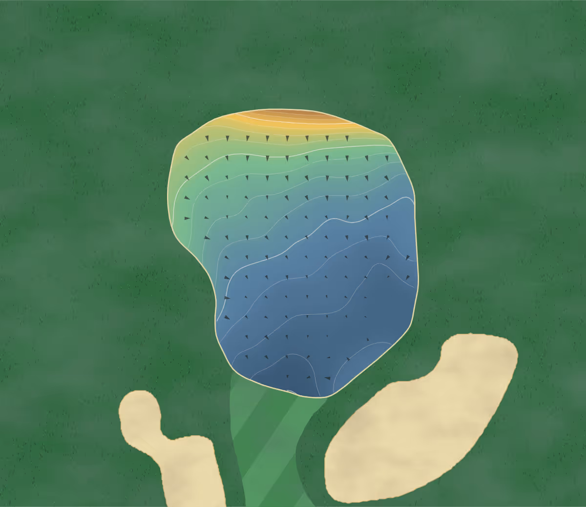 Green contour map of Bel Acres in Stony Mountain, Canada: 41 elevation contours at a 8-centimeter interval with fall-line arrows, traced from 1-meter lidar