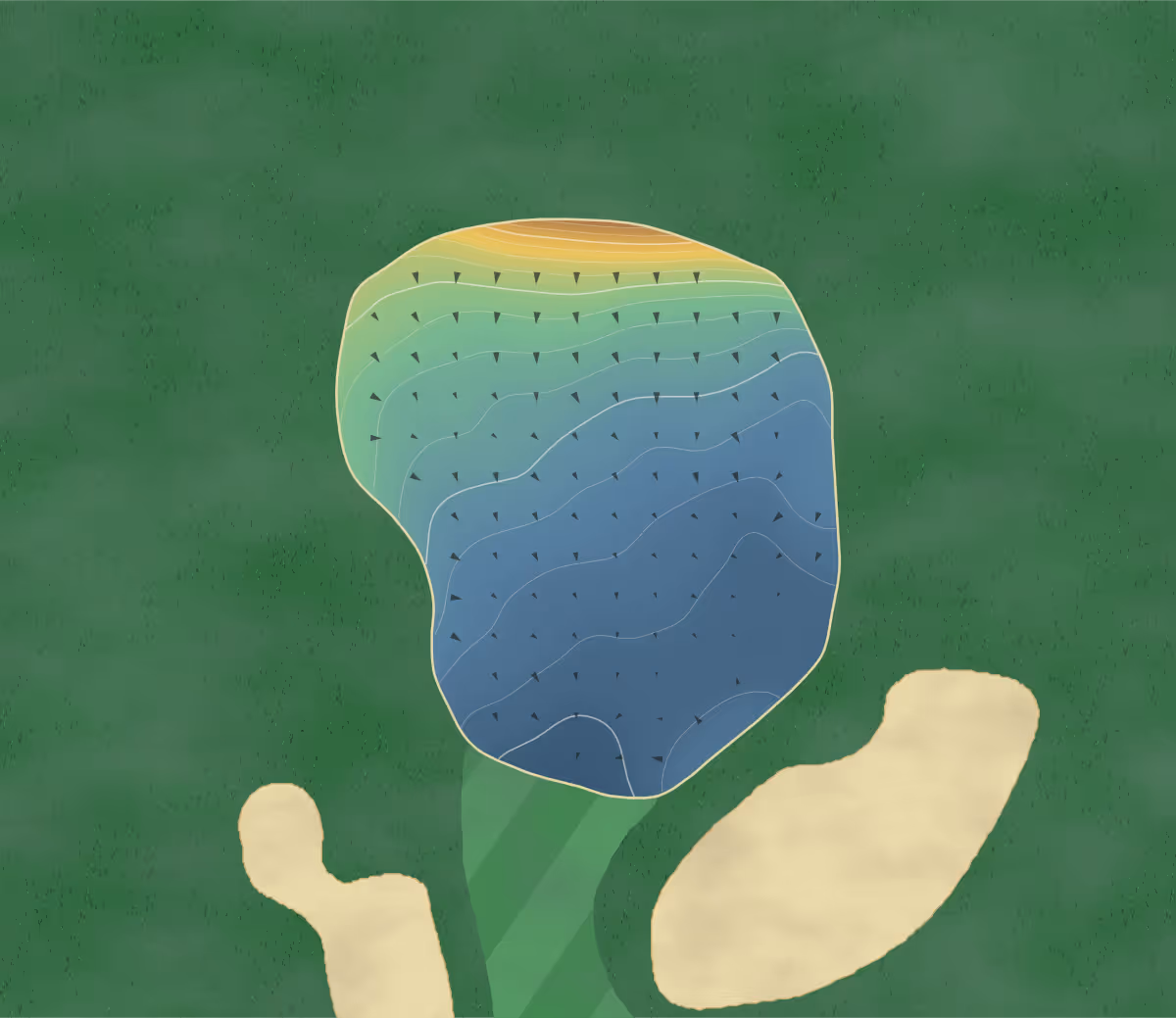 Green contour map of Bel Acres in Stony Mountain, Canada — 41 elevation contours at a 8-centimeter interval with fall-line arrows, traced from 1-meter lidar