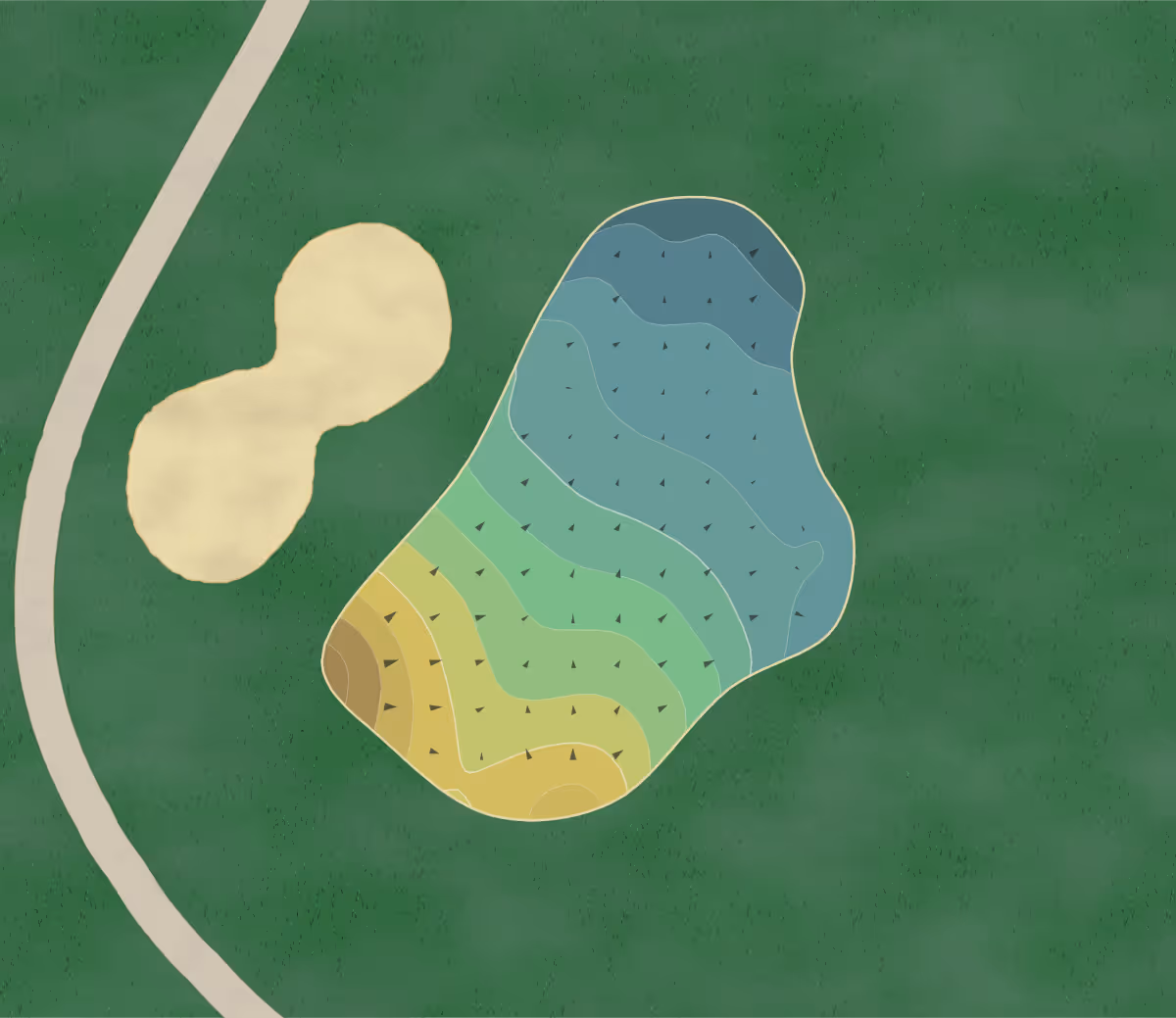 Green contour map of Bell Gardens in Bell Gardens, California — 31 elevation contours at a 3-inch interval with fall-line arrows, traced from 1-meter lidar