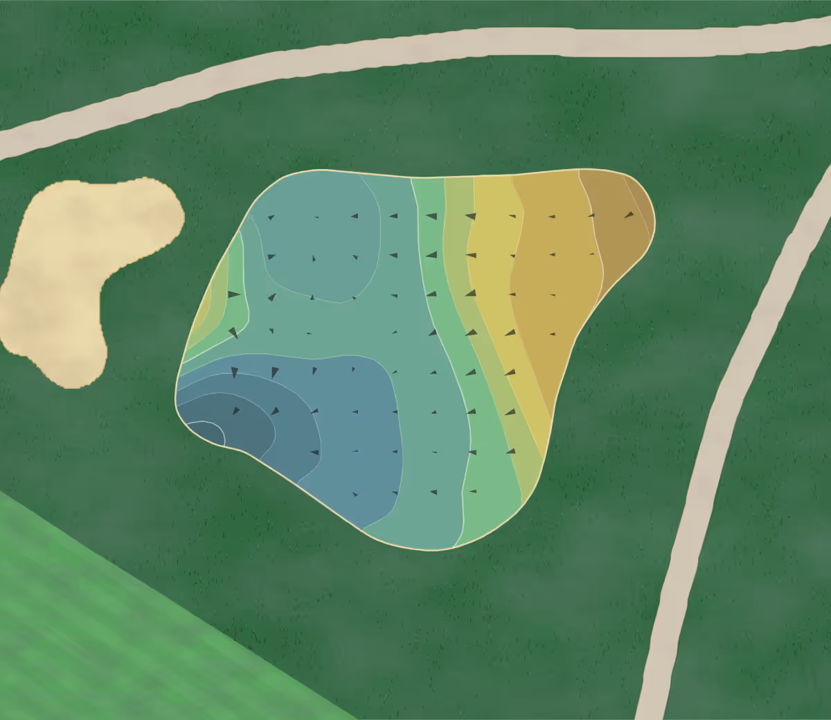Green contour map of Belle Meade in Nashville, Tennessee — 169 elevation contours at a 3-inch interval with fall-line arrows, traced from 1-meter lidar