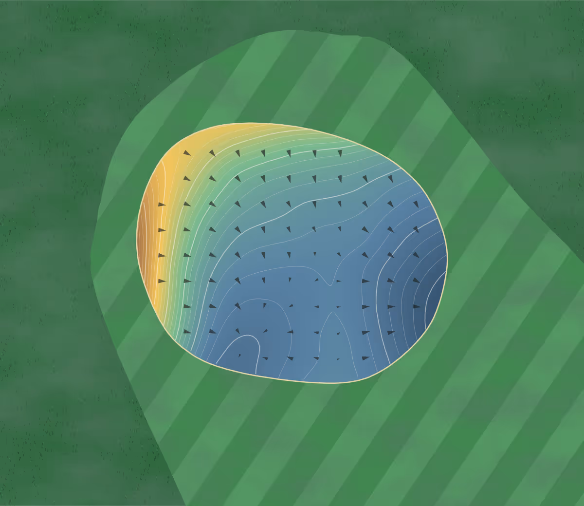 Green contour map of Bellmere Winds in Keene, Canada — 291 elevation contours at a 8-centimeter interval with fall-line arrows, traced from 1-meter lidar