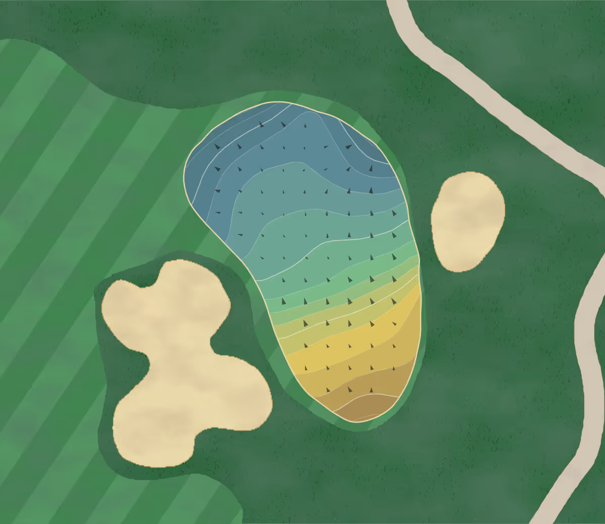 Green contour map of Belmont Country in Ashburn, Virginia — 224 elevation contours at a 3-inch interval with fall-line arrows, traced from 1-meter lidar
