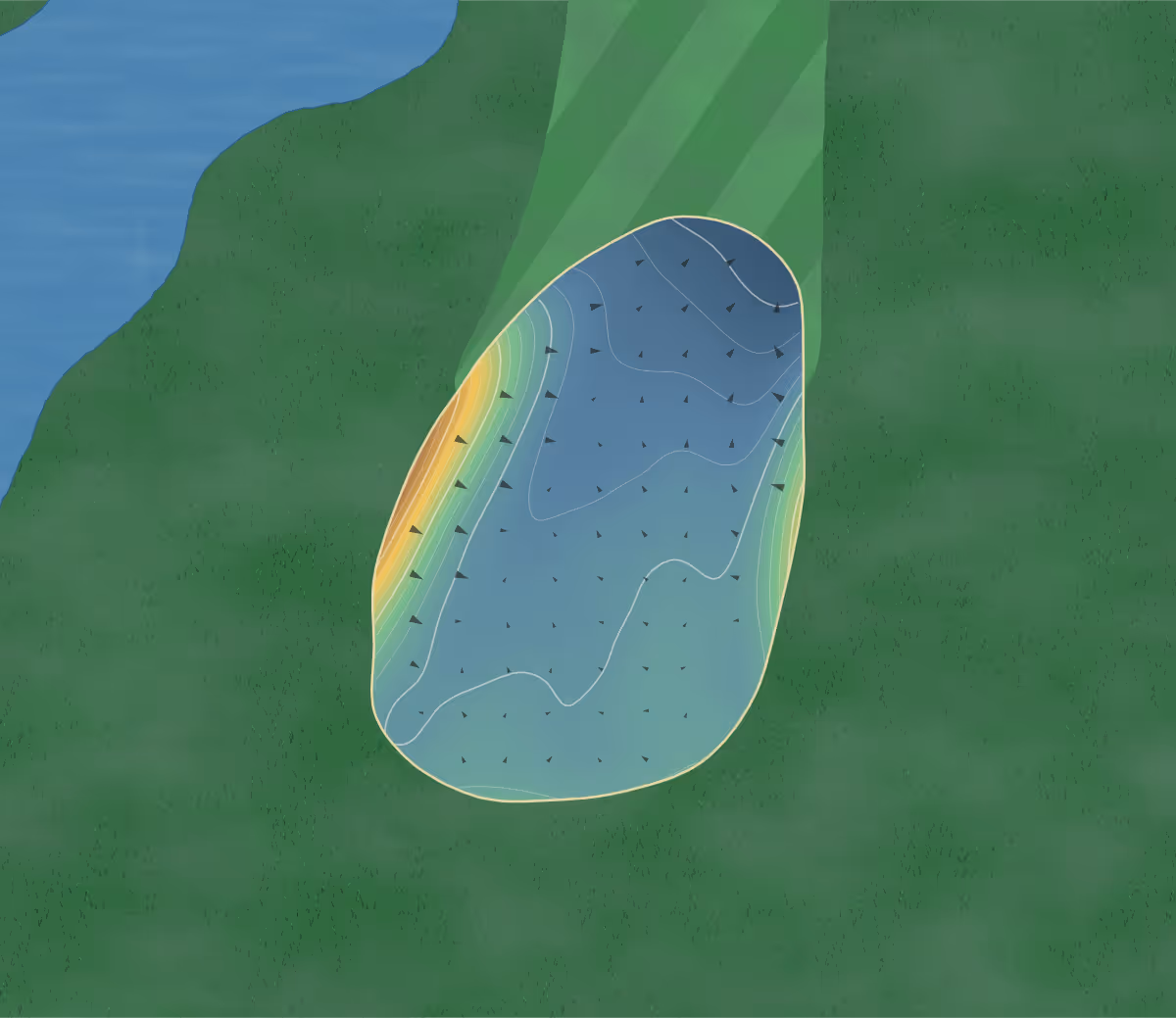 Green contour map of Belmont Golf Club in Central Elgin, Canada — 212 elevation contours at a 8-centimeter interval with fall-line arrows, traced from 1-meter lidar