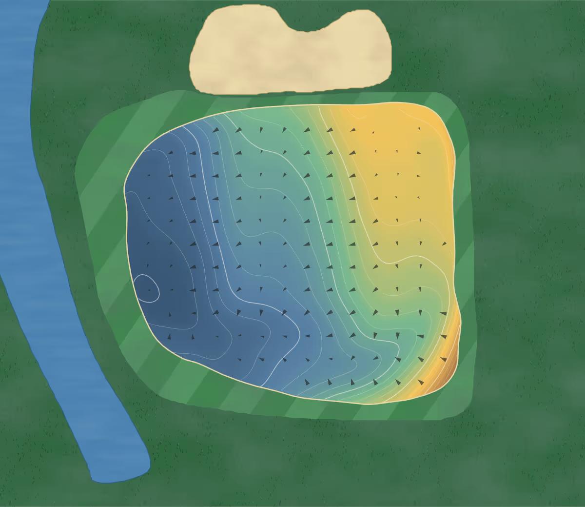 Green contour map of Belmont Golf Course in Glen Allen, Virginia — 202 elevation contours at a 3-inch interval with fall-line arrows, traced from 1-meter lidar