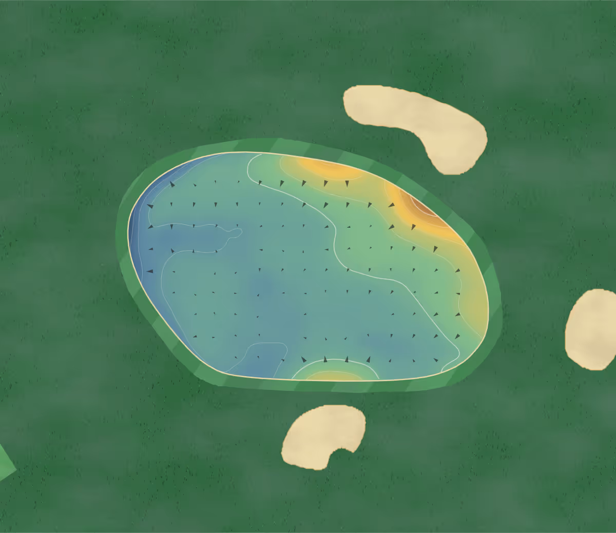 Green contour map of Belton Park in Lincolnshire, England: 155 elevation contours at a 8-centimeter interval with fall-line arrows, traced from 1-meter lidar