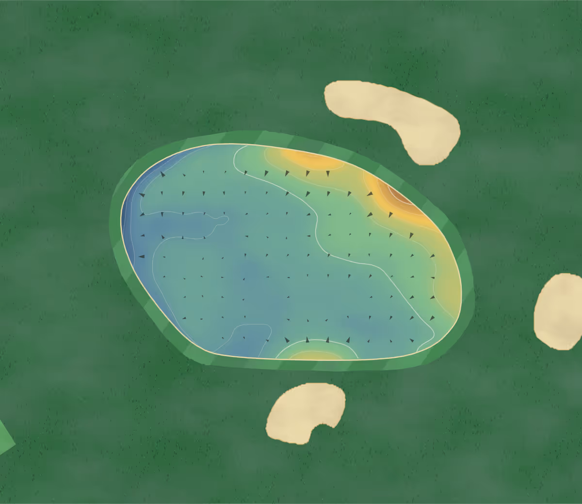 Green contour map of Belton Park in Lincolnshire, England — 155 elevation contours at a 8-centimeter interval with fall-line arrows, traced from 1-meter lidar