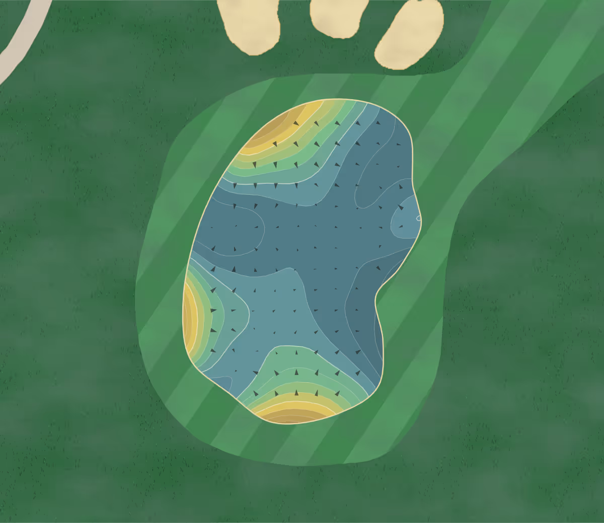 Green contour map of Bent Tree in Council Bluffs, Iowa — 267 elevation contours at a 3-inch interval with fall-line arrows, traced from 1-meter lidar