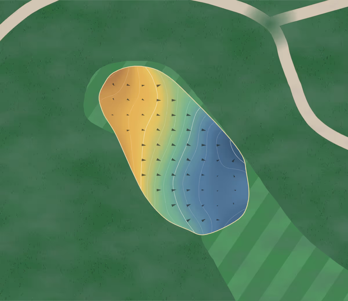 Green contour map of Bentwood Gc in Ulysses, Kansas — 139 elevation contours at a 3-inch interval with fall-line arrows, traced from 1-meter lidar