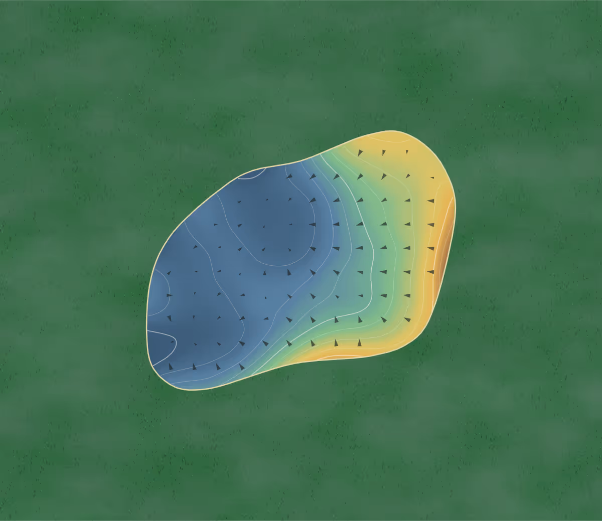 Green contour map of Berehaven in Castletownbere, Ireland: 51 elevation contours at a 8-centimeter interval with fall-line arrows, traced from 1-meter lidar