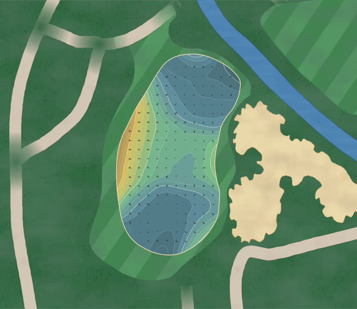 Green contour map of Bernardus in AW Cromvoirt, Netherlands — 238 elevation contours at a 8-centimeter interval with fall-line arrows, traced from 1-meter lidar