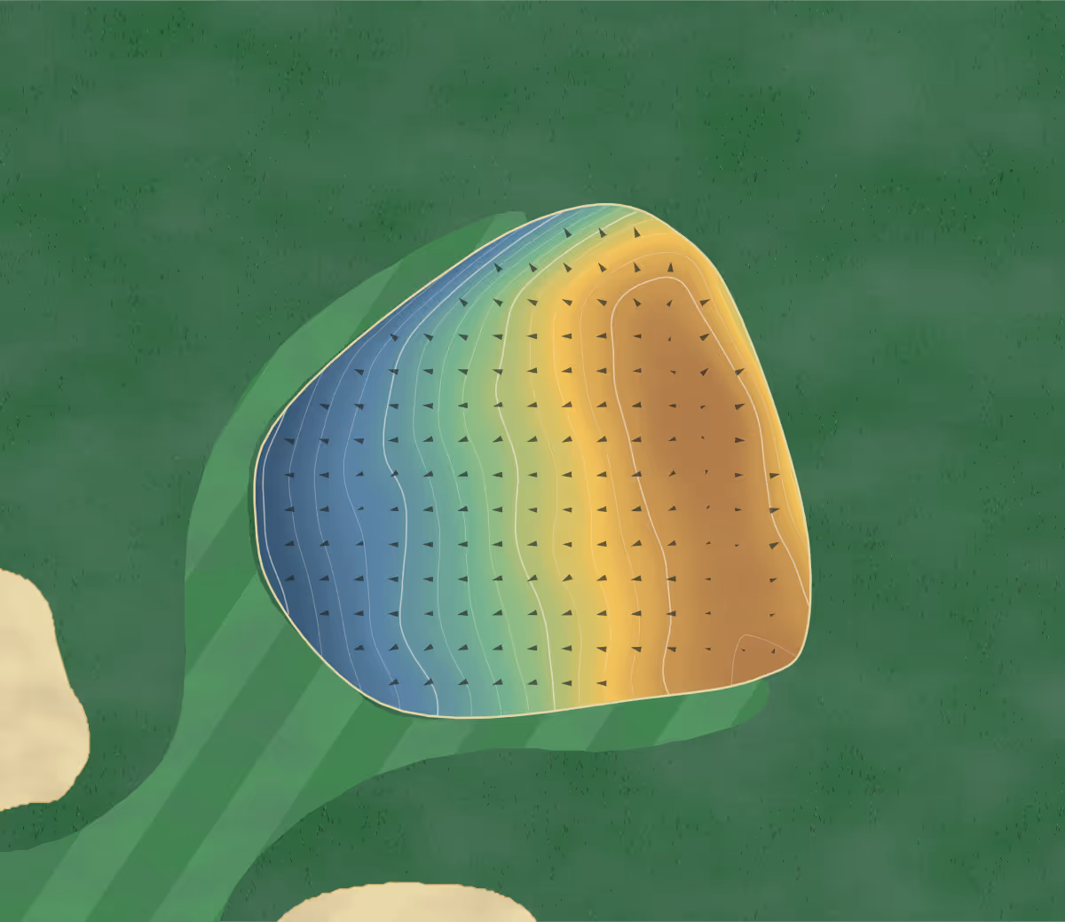 Green contour map of Berrington Hall in Rainford, England: 130 elevation contours at a 8-centimeter interval with fall-line arrows, traced from 1-meter lidar