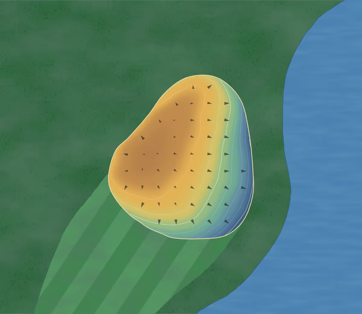 Green contour map of Bethany Bay in Ocean View, Delaware — 43 elevation contours at a 3-inch interval with fall-line arrows, traced from 1-meter lidar