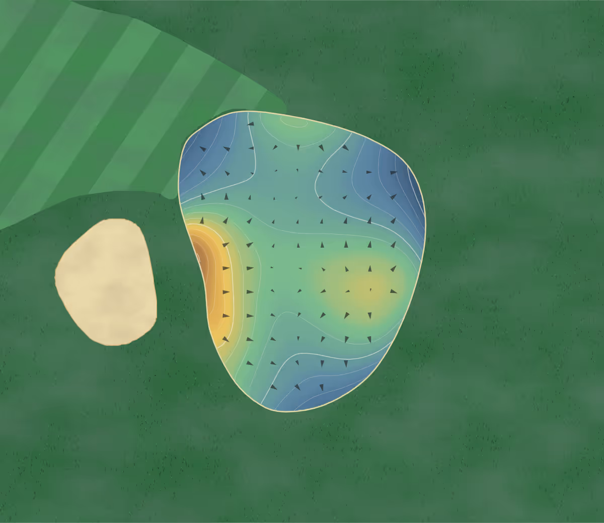 Green contour map of Monocacy Course in Bethlehem, Pennsylvania: 224 elevation contours at a 3-inch interval with fall-line arrows, traced from 1-meter lidar