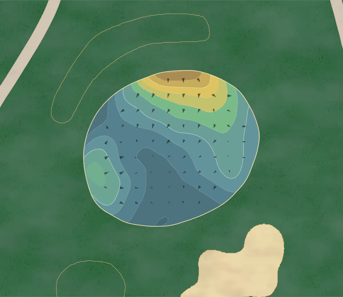 Green contour map of Bethpage Yellow in Farmingdale, New York — 334 elevation contours at a 3-inch interval with fall-line arrows, traced from 1-meter lidar