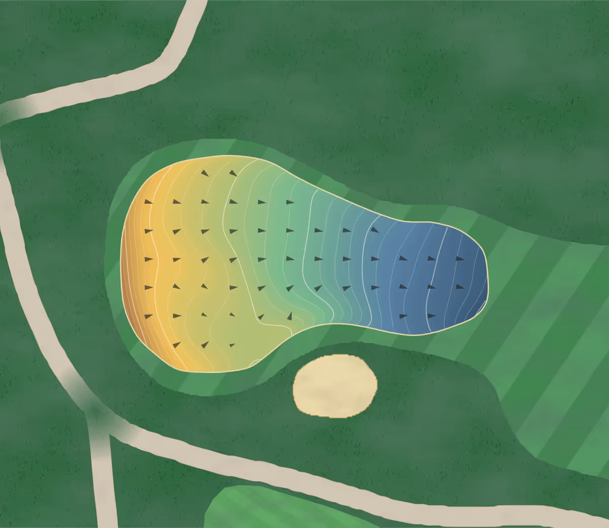 Green contour map of Bexley in Kingsgrove, Australia — 232 elevation contours at a 8-centimeter interval with fall-line arrows, traced from 1-meter lidar