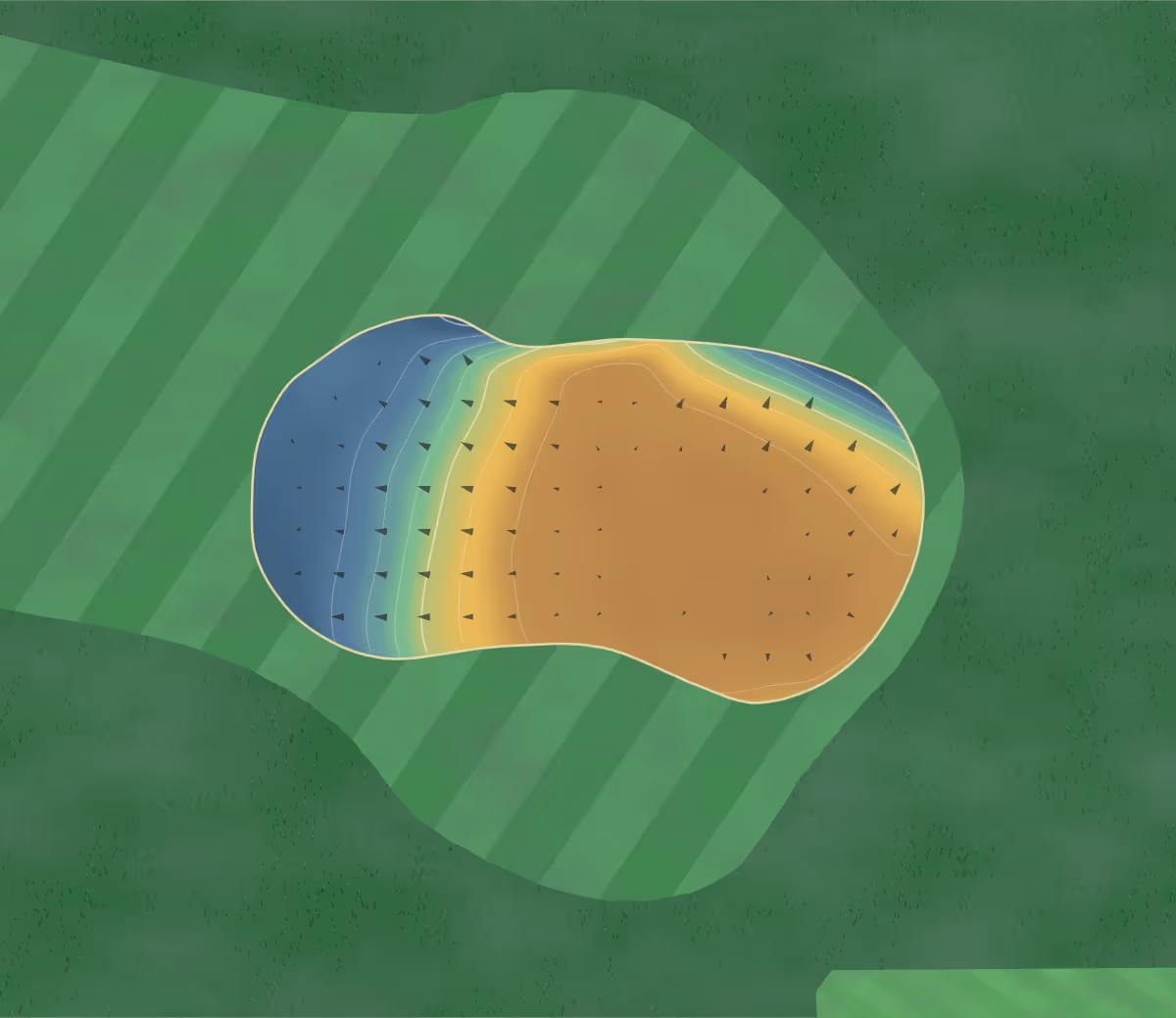 Green contour map of Bidston in Wirral, England: 87 elevation contours at a 8-centimeter interval with fall-line arrows, traced from 1-meter lidar