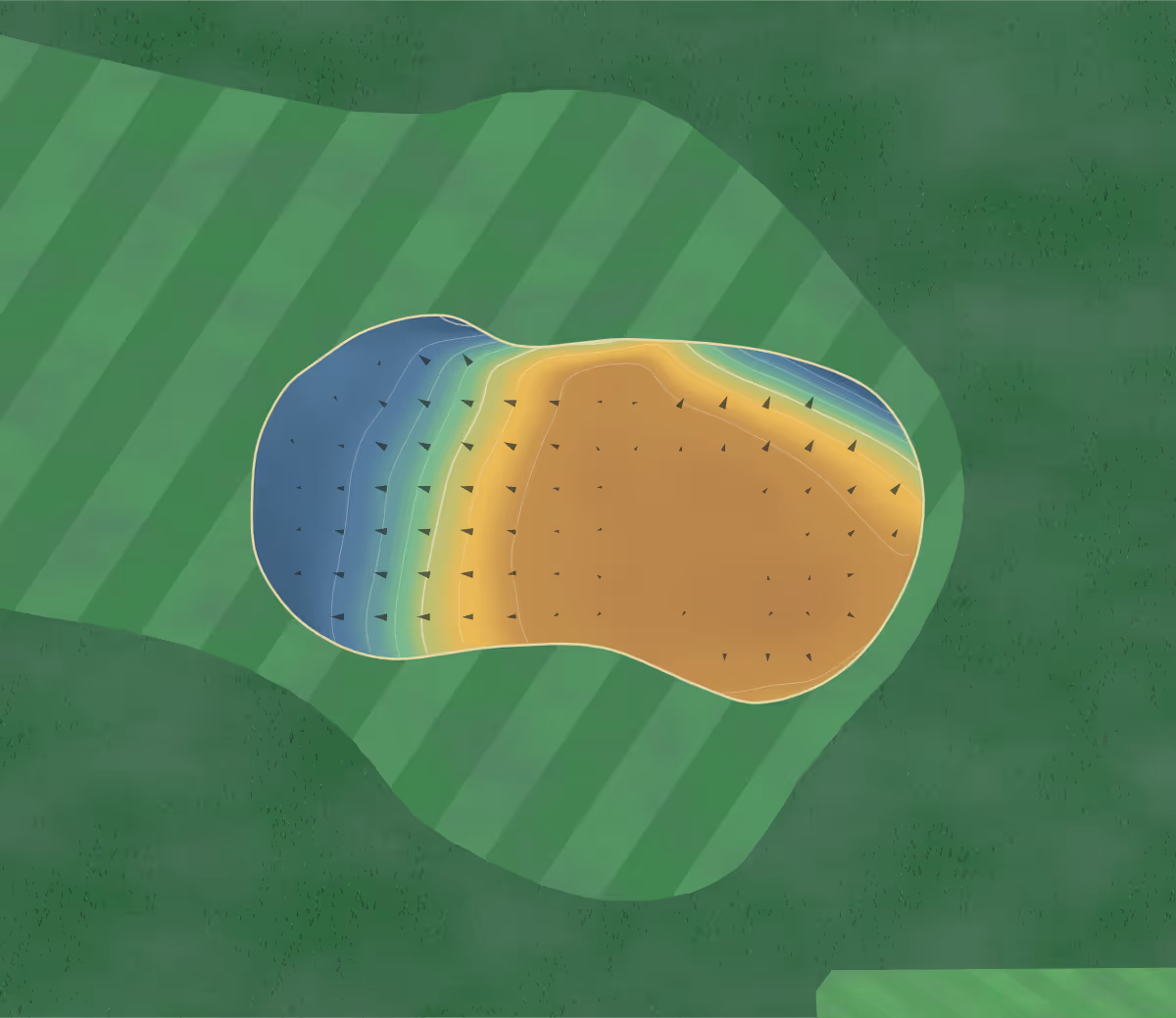 Green contour map of Bidston in Wirral, England — 83 elevation contours at a 8-centimeter interval with fall-line arrows, traced from 1-meter lidar