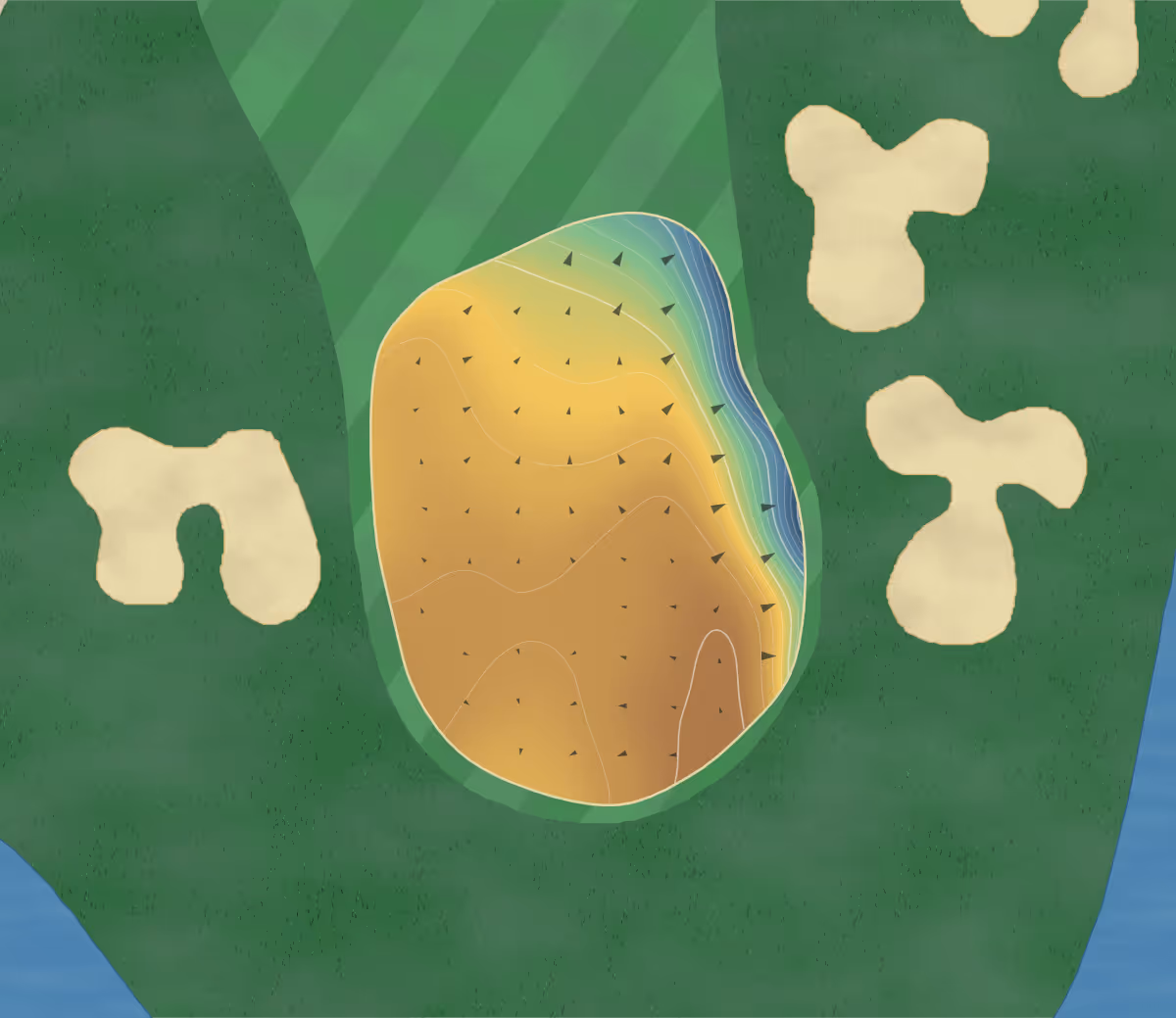 Green contour map of Big Oaks Colf Course in New Albany, Mississippi — 142 elevation contours at a 3-inch interval with fall-line arrows, traced from 1-meter lidar