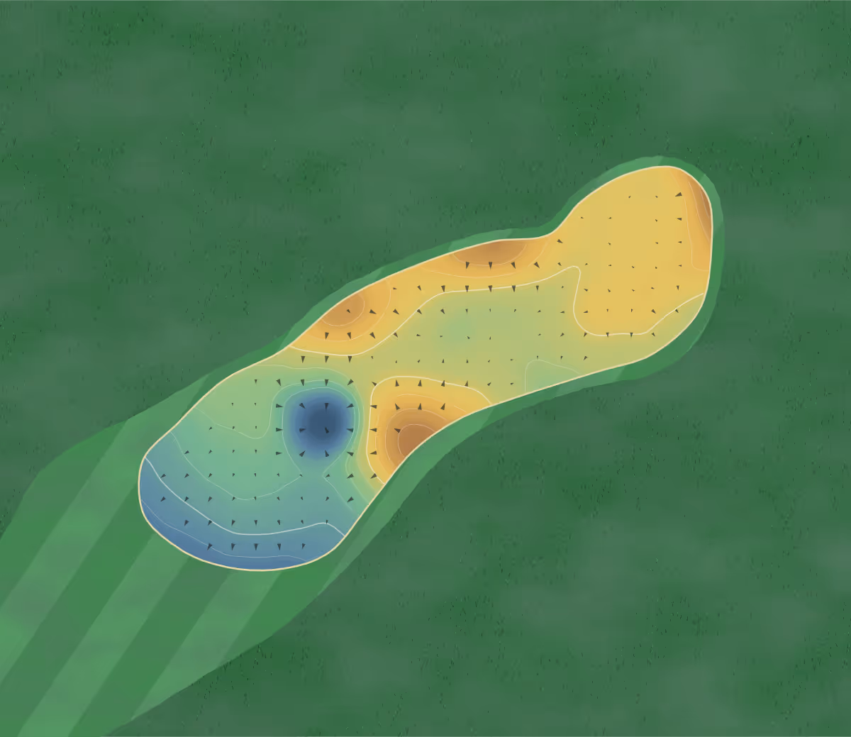 Green contour map of Northwick Park in Harrow, United Kingdom — 86 elevation contours at a 8-centimeter interval with fall-line arrows, traced from 1-meter lidar