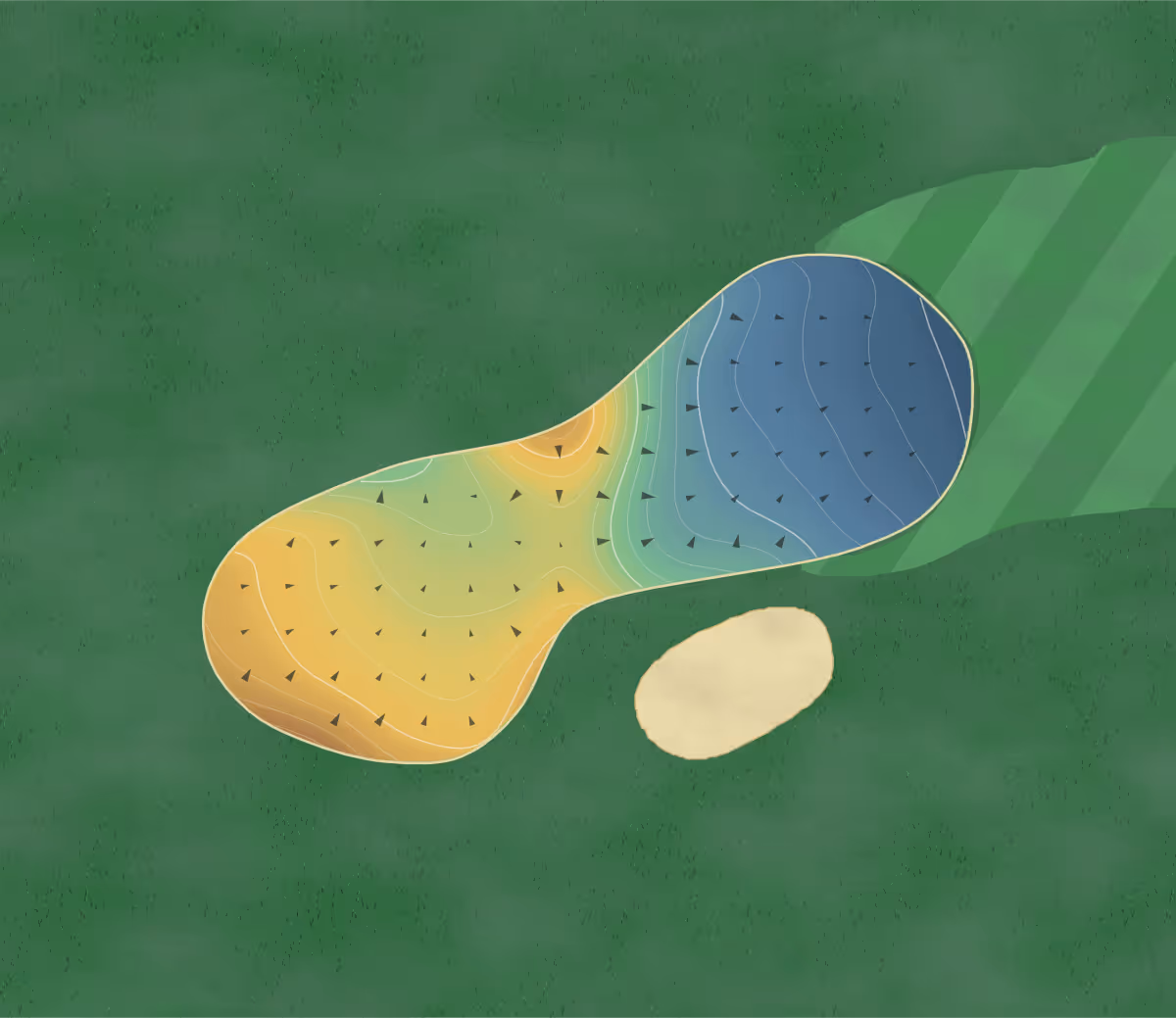 Green contour map of Bill and Payne Stewart in Springfield, Missouri: 89 elevation contours at a 3-inch interval with fall-line arrows, traced from 1-meter lidar