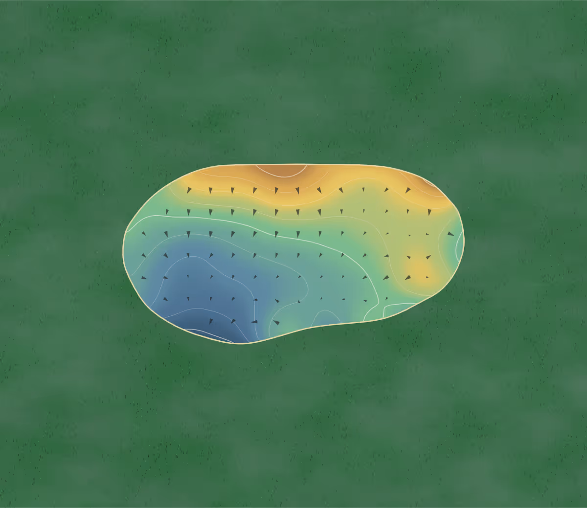 Green contour map of Billingbear Park in Wokingham, England: 59 elevation contours at a 8-centimeter interval with fall-line arrows, traced from 1-meter lidar