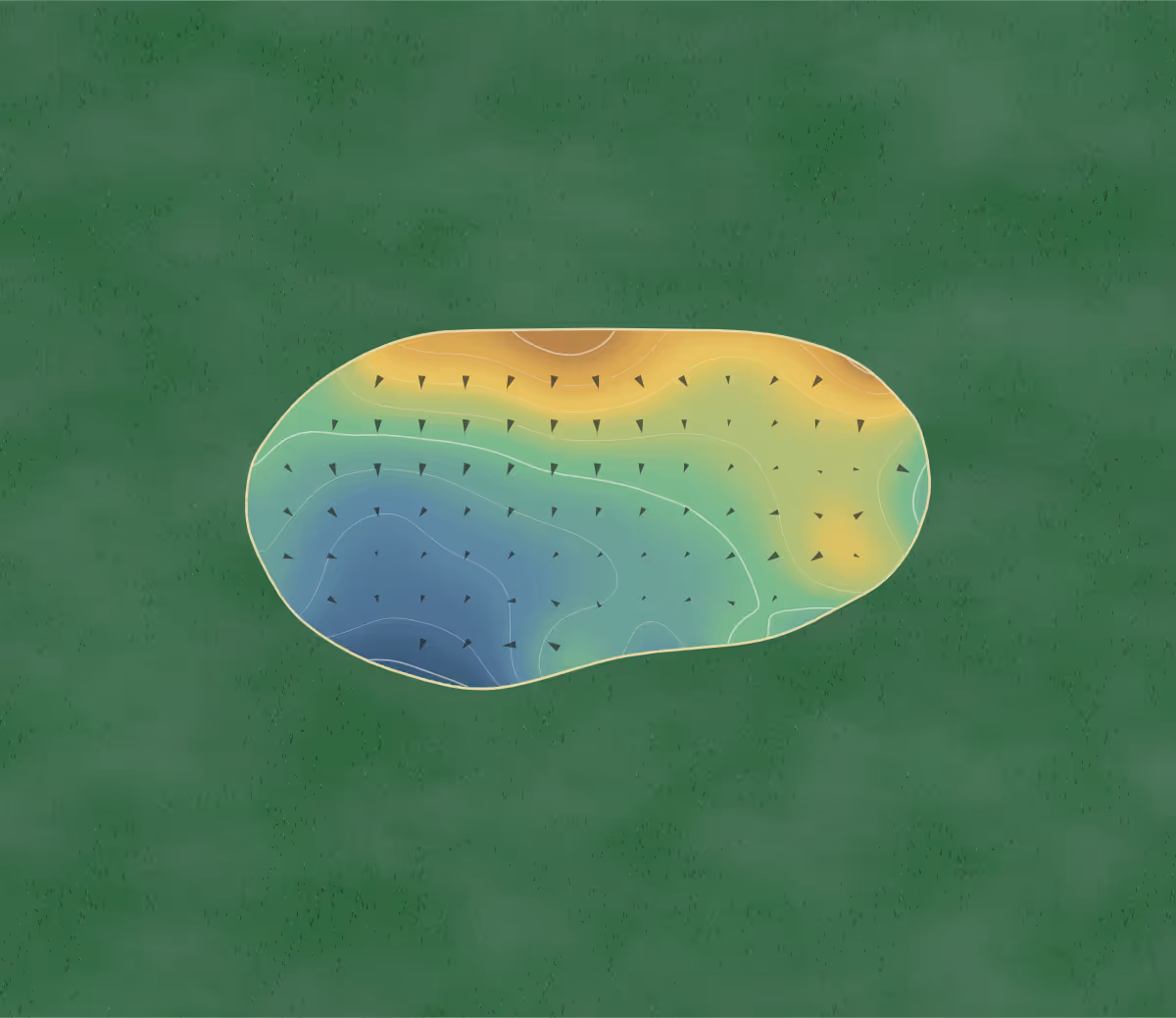 Green contour map of Billingbear Park in Wokingham, Berkshire, England — 64 elevation contours at a 8-centimeter interval with fall-line arrows, traced from 1-meter lidar