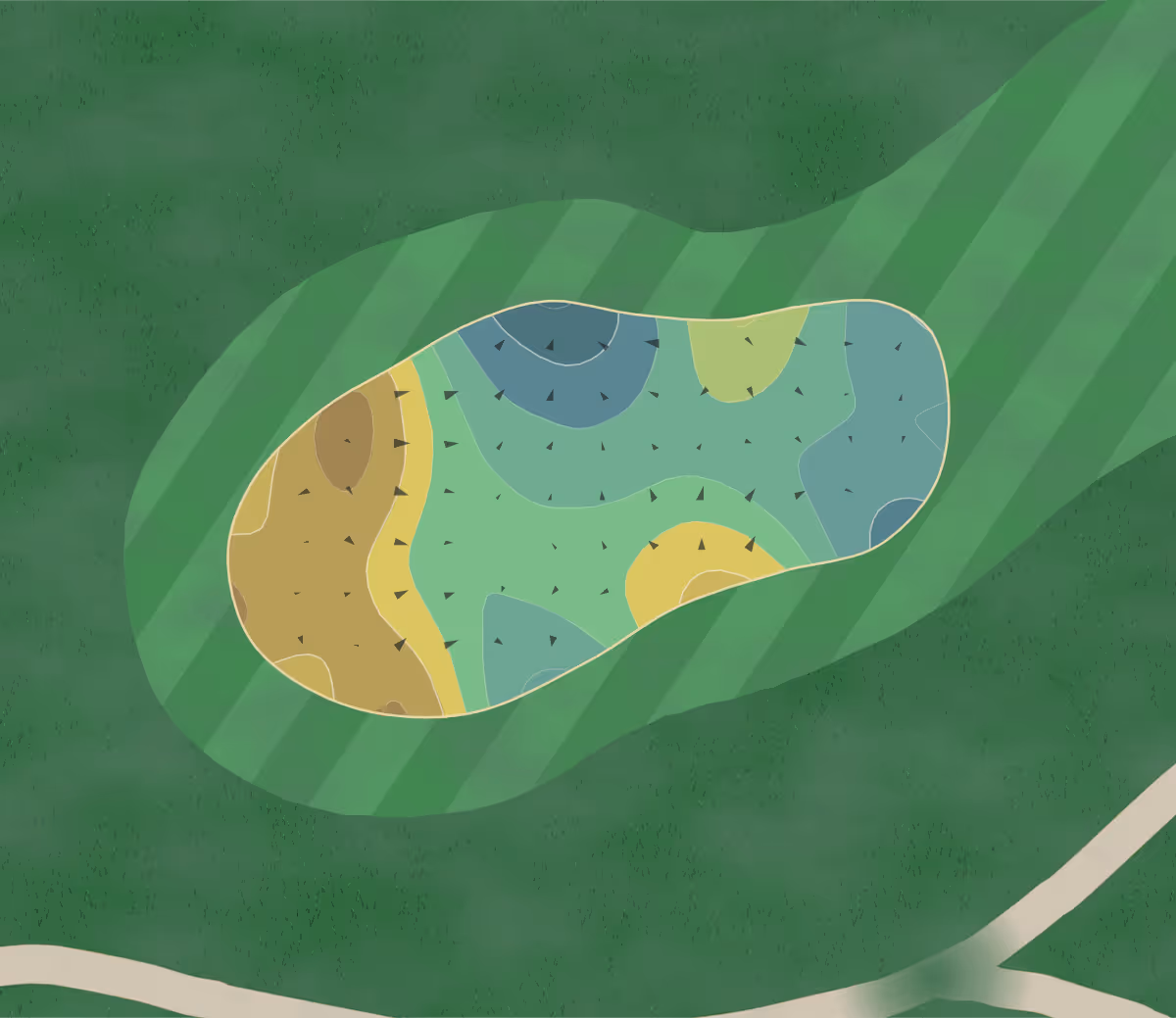 Green contour map of Bing Maloney in Sacramento, California — 186 elevation contours at a 3-inch interval with fall-line arrows, traced from 1-meter lidar