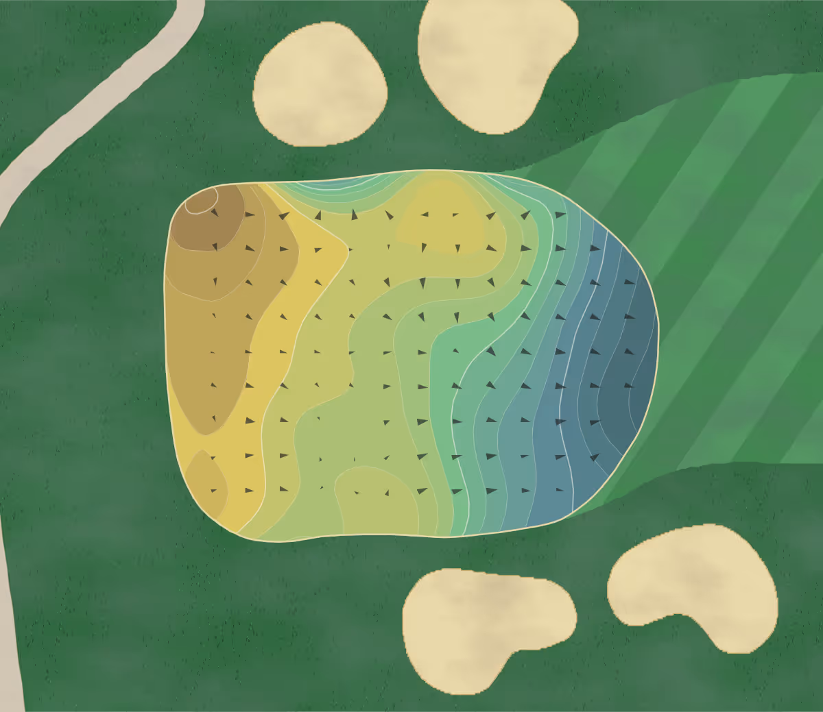 Green contour map of Binghamton CC in Endwell, New York — 352 elevation contours at a 3-inch interval with fall-line arrows, traced from 1-meter lidar