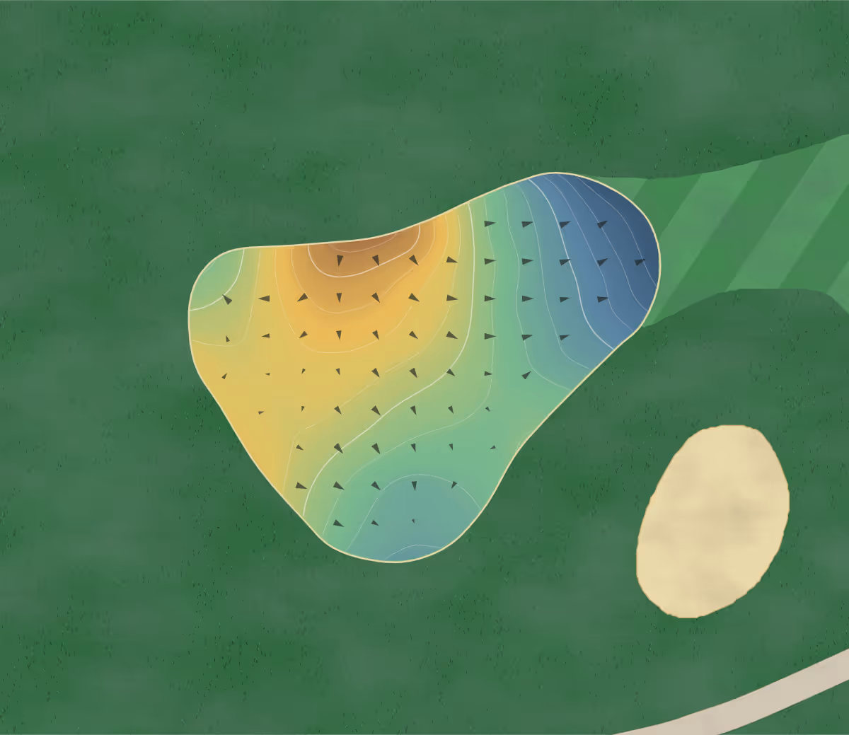 Green contour map of Birchwood at Spring in Middle Island, New York — 101 elevation contours at a 3-inch interval with fall-line arrows, traced from 1-meter lidar