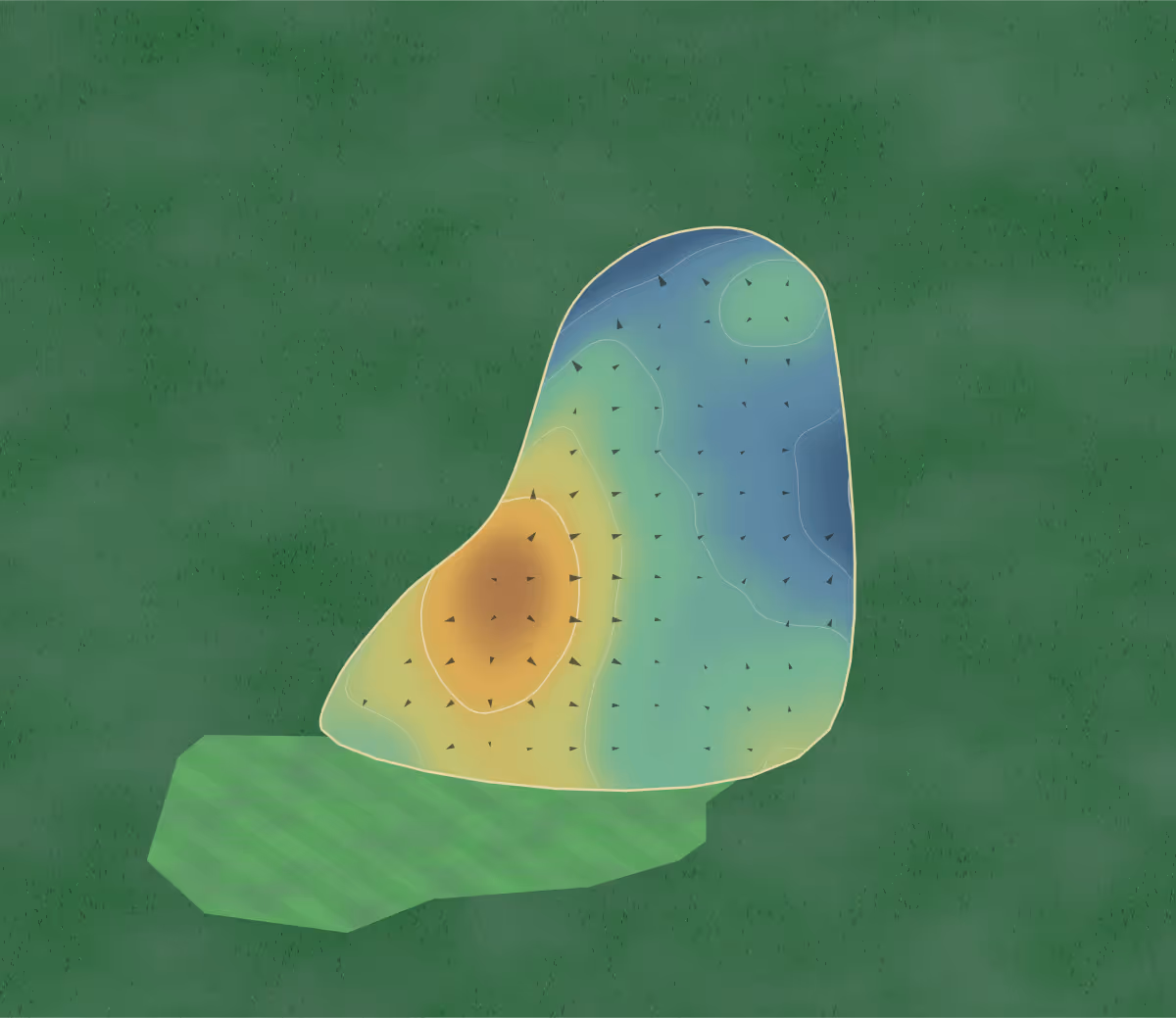Green contour map of Birdies & Buckets in Surrey, Canada: 12 elevation contours at a 8-centimeter interval with fall-line arrows, traced from 1-meter lidar