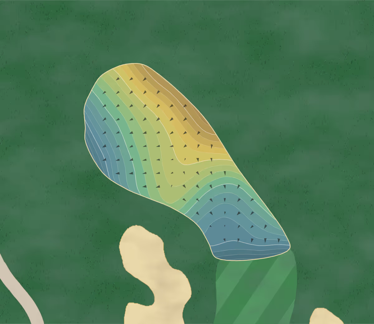 Green contour map of Birdsfoot GC in Freeport, Pennsylvania — 260 elevation contours at a 3-inch interval with fall-line arrows, traced from 1-meter lidar