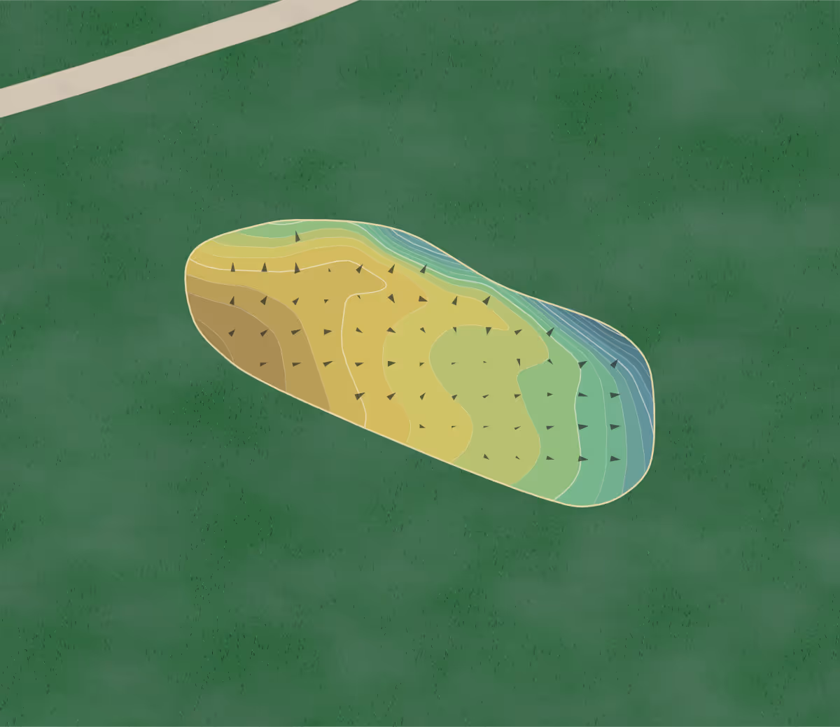 Green contour map of Birley Wood in Sheffield, England — 251 elevation contours at a 8-centimeter interval with fall-line arrows, traced from 1-meter lidar