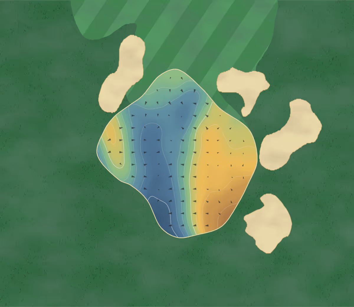 Green contour map of Bishop's Stortford in Bishops Stortford, England — 90 elevation contours at a 8-centimeter interval with fall-line arrows, traced from 1-meter lidar