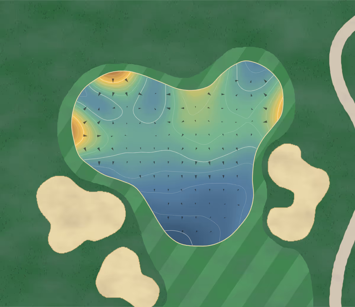 Green contour map of Black Bull in Yarrawonga, Australia — 202 elevation contours at a 8-centimeter interval with fall-line arrows, traced from 1-meter lidar