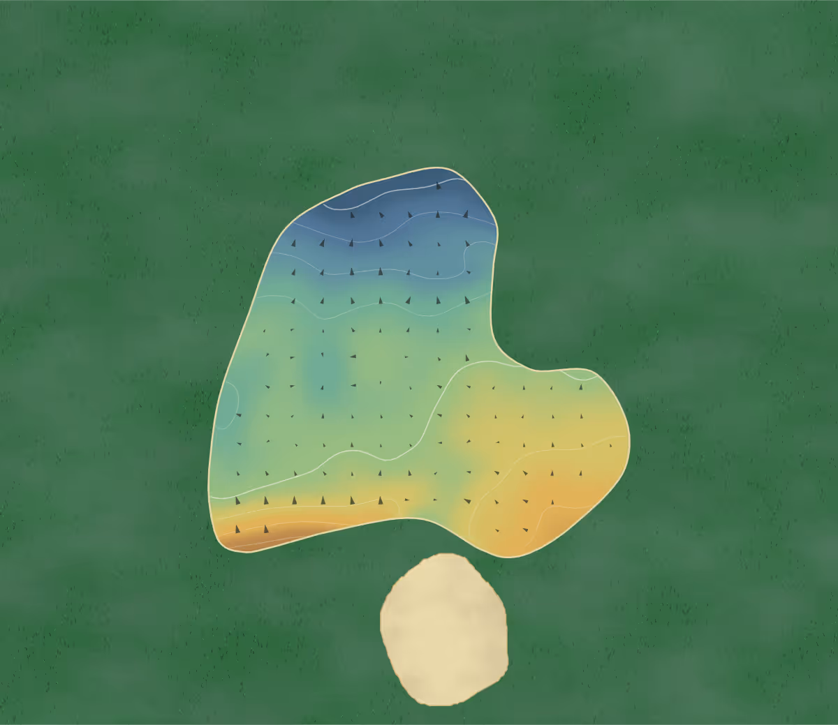 Green contour map of Black Bush in Dunshaughlin, Ireland: 69 elevation contours at a 8-centimeter interval with fall-line arrows, traced from 1-meter lidar